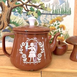 Vintage 1960s Chocolate Brown Enamel Teapot with Dutch Girl Scandinavian Design